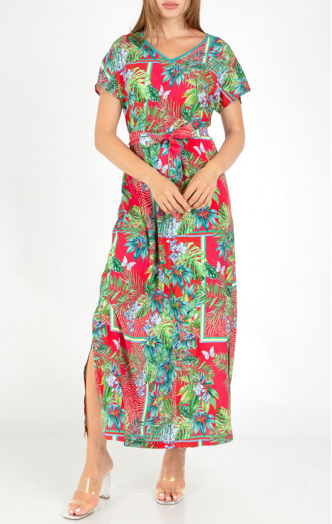 Лятна рокля с тропически десен в цвят Watermelon и Tropical Green
