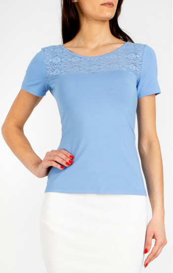 Стилна вталена блуза с платка от дантела в цвят Sky Blue