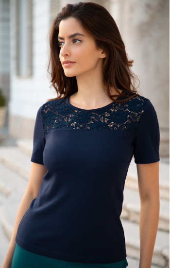 Стилна блуза с платка от дантела в цвят Navy Blue