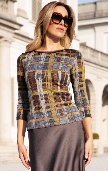 Ефектна блуза от луксозна трикотажна материя в блестящ графичен десен в Bronze и Silver