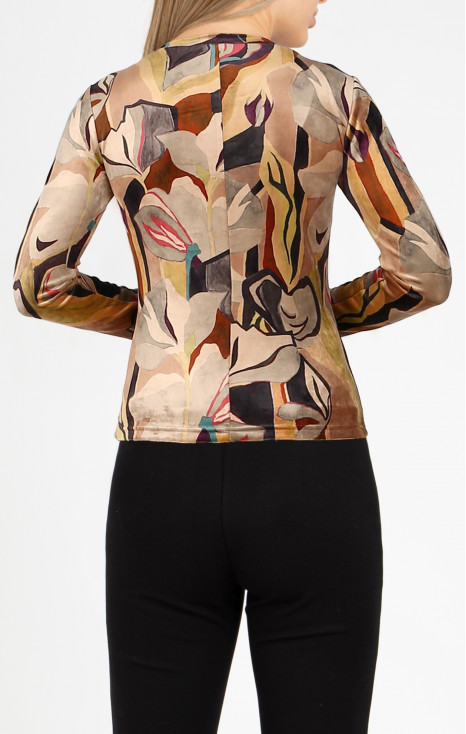 Блуза от кадифе с лодка деколте в абстрактен флорален десен в бежово есенна гама [1]