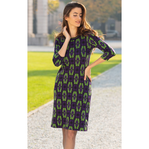 Права рокля от мек трикотаж с флорален десен в Royal Purple и Forest Green