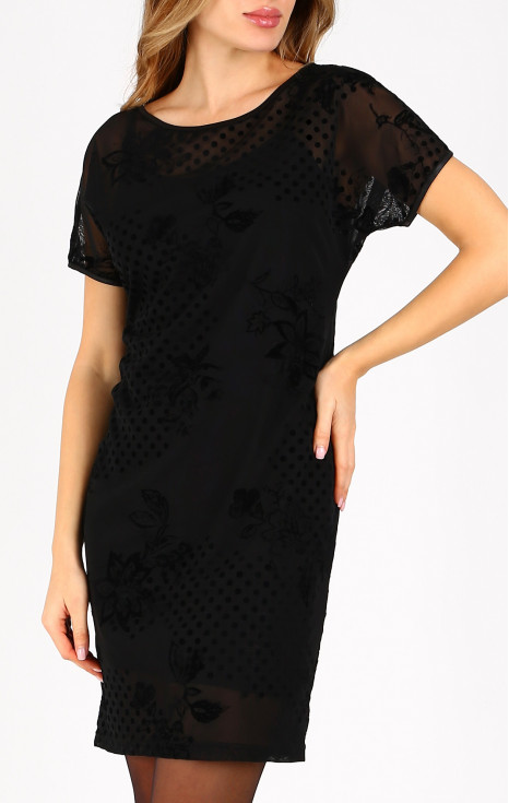 Официална черна рокля с точки и стилизирани цветя от кадифе