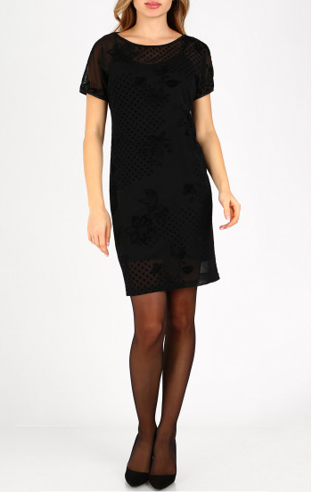 Официална черна рокля с точки и стилизирани цветя от кадифе