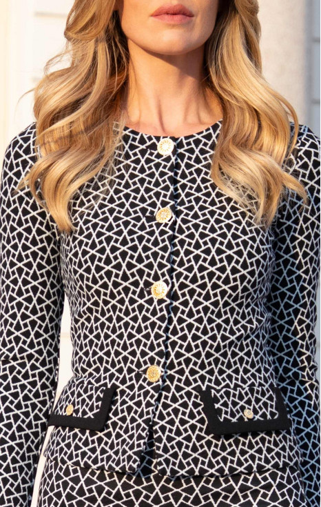 Елегантно сако от луксозен трикотажен жакард с геометрични мотиви в черно и бяло