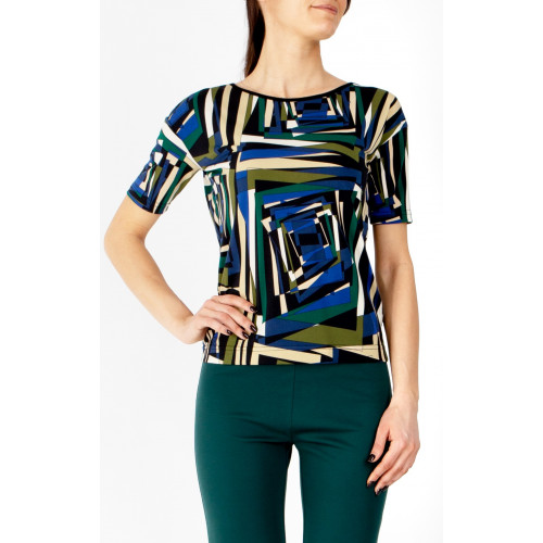 Ефектна блуза с абстрактен геометричен принт в цвят Royal Blue, Green Olive и Ecru