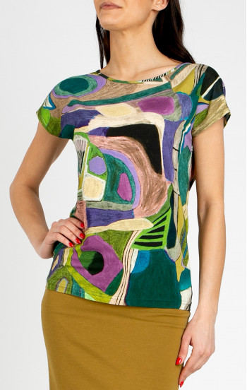 Блуза в свободен силует в динамичен графичен принт в Avocado Green и Lilac
