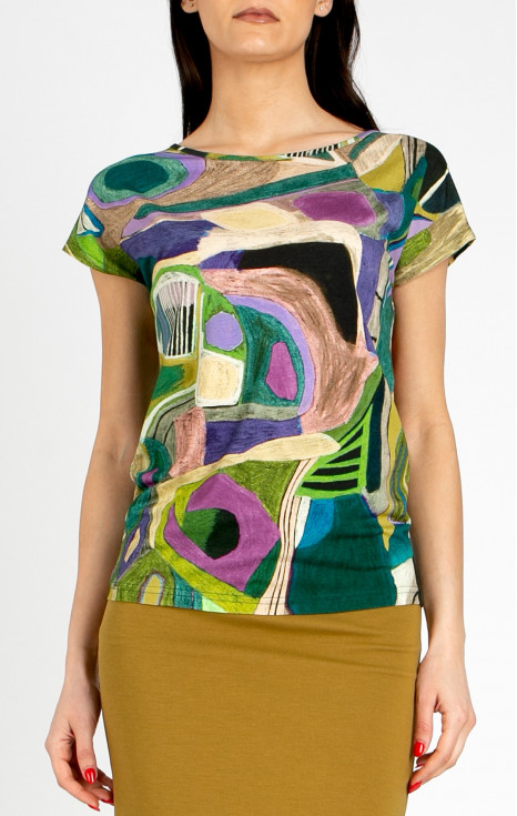 Блуза в свободен силует в динамичен графичен принт в Avocado Green и Lilac