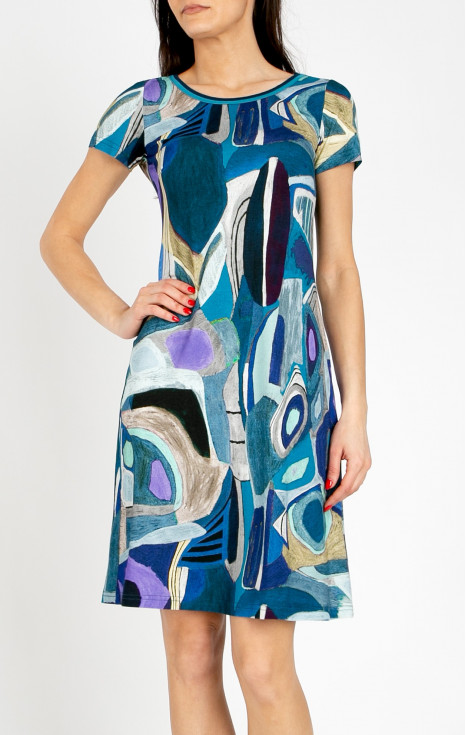 Удобна трикотажна рокля в динамичен принт в Navy Blue и Violet Tulip