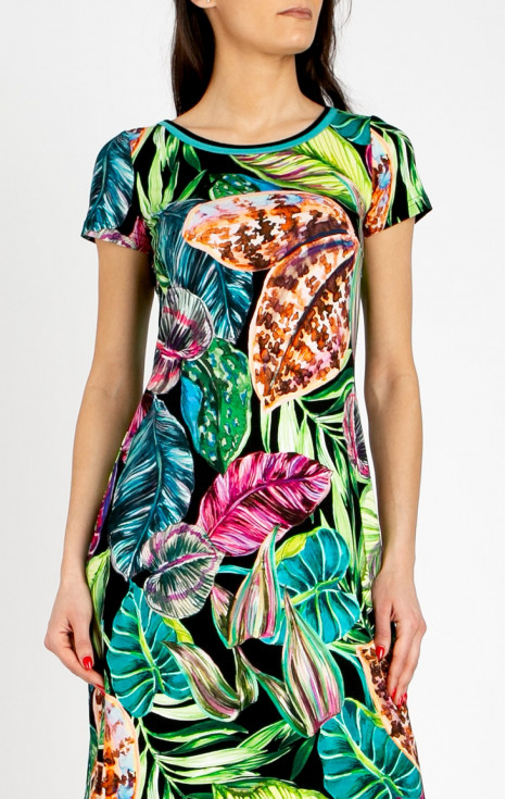 Удобна трикотажна рокля с наситени флорални мотиви в цвят Fuchsia, Turquoise и Green