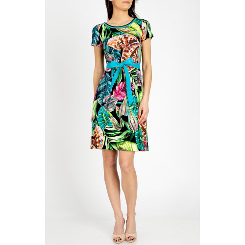Удобна трикотажна рокля с наситени флорални мотиви в цвят Fuchsia, Turquoise и Green