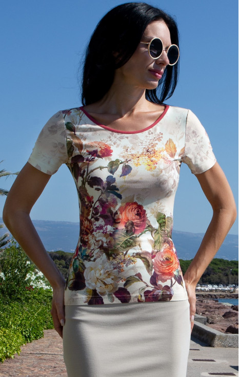 Блуза с къс ръкав Floral Symphony в екрю