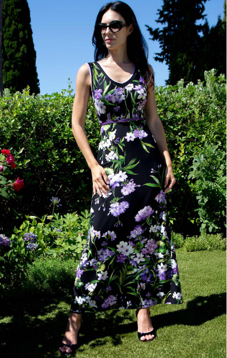 Лятна миди рокля Black Violet Flowers от леко трико