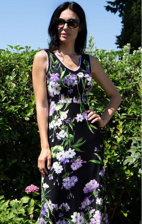 Лятна миди рокля Black Violet Flowers от леко трико