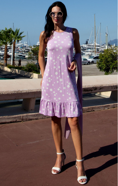 Романтична къса рокля от луксозно жарсе Lavender Polka Dots с волан