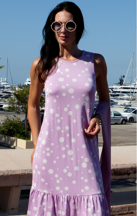 Романтична къса рокля от луксозно жарсе Lavender Polka Dots с волан