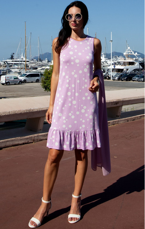 Романтична къса рокля от луксозно жарсе Lavender Polka Dots с волан