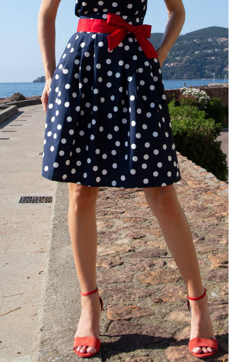 Разкроена памучна пола Navy Polka Dots